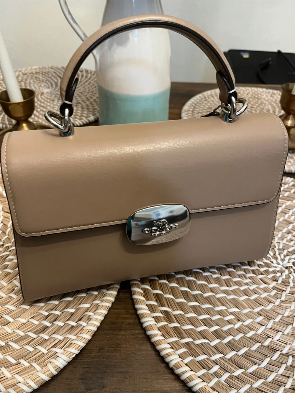 Coach Taupe Leather Top-Handle Satchel with Silver Hardware